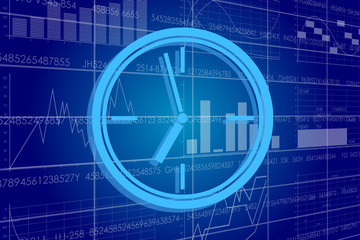 Vector illustration of the global business and digital technologies. Clock on the background of the scoreboard with stock charts.