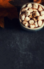 Autumn, fall leaves on vintage Empty blank black chalkboard with hot cup of coffee, marshmallows  and  copyspace. Cozy Autumn Still Life Background. Autumn red and orange leaves