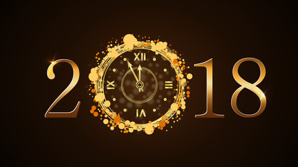 Happy New Year card background. Magic gold clock countdown. Golden numbers 2018. Christmas and New Year night glitter clock. Design decoration. Symbol wish, celebration Vector illustration