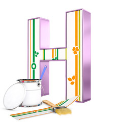 "H" decorated letter with renovation tools, 3d rendering