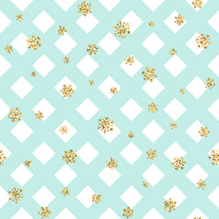 Christmas gold snowflake seamless pattern. Golden snowflakes on blue and white rhombus background. Winter snow texture wallpaper. Symbol holiday, New Year celebration Vector illustration