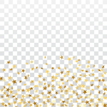 Gold stars falling confetti isolated on white transparent background. Golden explosion confetti on floor. Abstract decoration. Stars for Christmas festive party. Shiny glitter Vector illustration