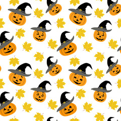 Seamless pattern with pumpkins in a black witch hat and autumn maple leaves.