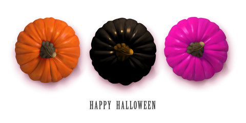 Stylish Frame background with black, natural and fashion purple Halloween pumpkin with Happy Halloween typography. Isolated on white background. Flat lay, top view. Vector Illustration