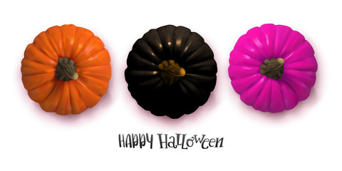 Stylish Frame background with black, natural and fashion purple Halloween pumpkin with Happy Halloween lettering. Isolated on white background. Flat lay, top view. Vector Illustration