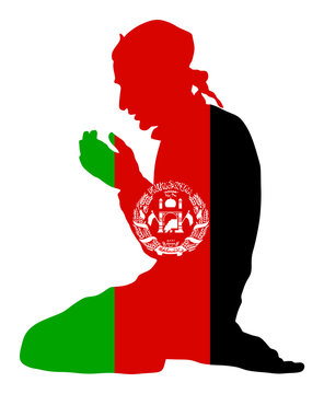 recommend clip art: Islamic religion. Pose of Muslim man praying vector silhouette illustration isolated on background Muslim from Afghanistan national flag symbol theme. Loyal Muslim migrant citizen in Europe country. 