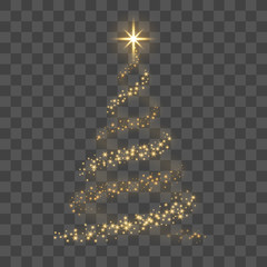 Christmas tree on transparent background. Gold Christmas tree as symbol of Happy New Year holiday, Merry Christmas celebration. Golden light Christmas tree. Shiny design Vector illustration