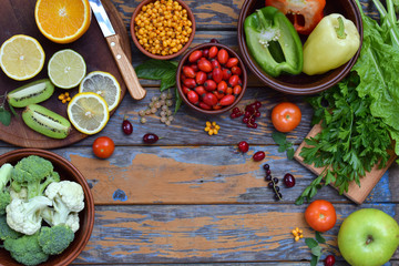 Composition of products containing ascorbic acid, vitamin C - citrus, cauliflower, broccoli, sweet pepper, kiwi, dog rose, tomatoes, apple, currant, sea buckthorn. Top view. Flat lay.