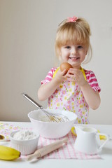 Little Caucasian Girl Cooking in Kitchen Home Early Education Development Apron Ingredients Dough Banana Pancakes Preparation