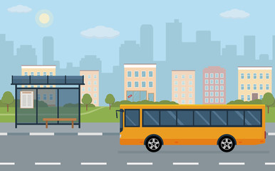 Bus stop and bus on city background. Vector illustration. Flat style concept of public transport.
