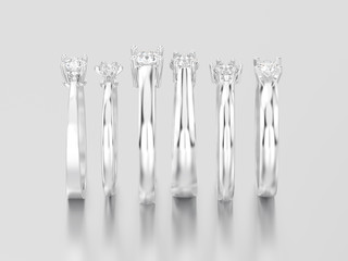 3D illustration five white gold or silver different traditional solitaire engagement diamond rings with shadow and reflection