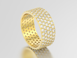3D illustration yellow gold engagement pave setting with five tiers of round stones ring with diamonds with reflection and shadow