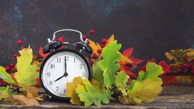 Autumn time - fall multicolored leaves ahking on wind with alarm clock