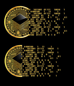 Set of crypto currency golden coins with black lackered stratis symbol on obverse isolated on black background. Vector illustration. Use for logos, print products, page and web decor or other design.
