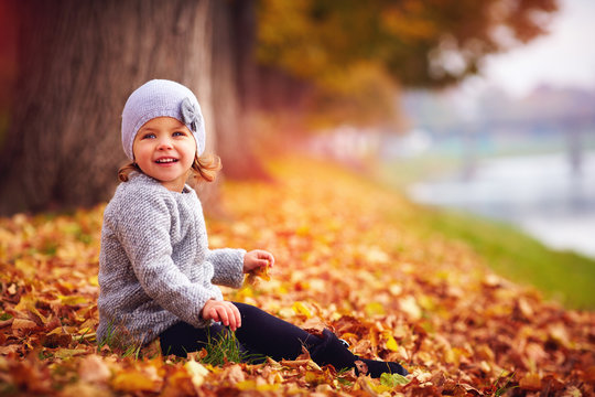 adorable happy girl sitting in fallen leaves in autumn park