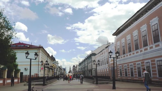 Russia, Kazan, 15 june 2017. People travelers walking in city of Kazan in a big square. 3840x2160