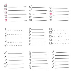 Collection of vector isolated outline hand drawn check to do list, bullet, check