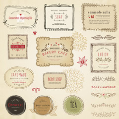Retro hand drawn labels, frames, flowers and floral dividers.