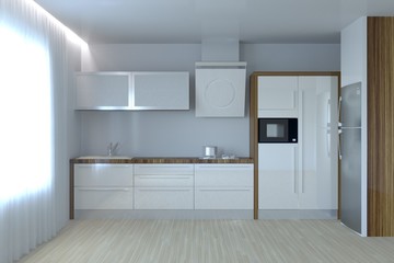 New white contemporary kitchen with hardwood and window