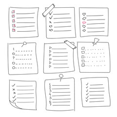 Collection of vector isolated outline hand drawn check to do list, bullet, check