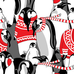 Christmas Seamless pattern. Image Penguins in a red nordic pullover and in a striped scarf. Vector illustration.