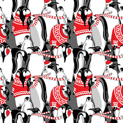 Christmas Seamless pattern. Image Penguins in a red nordic pullover and in a striped scarf. Vector illustration.