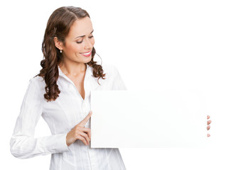 Businesswoman showing blank signboard, isolated