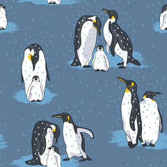 Obraz premium Seamless pattern with image of a penguins on a blue background. Vector illustration.