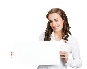 Naklejka premium Businesswoman showing blank signboard, isolated