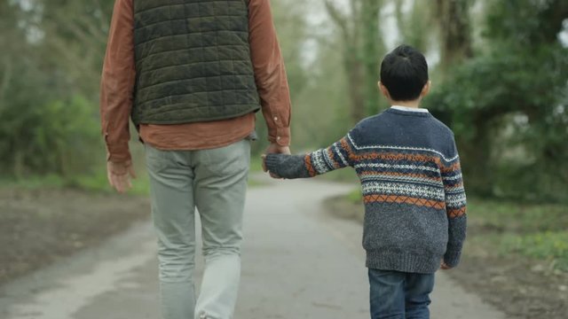  Happy father & son outdoors, holding hands walking in the countryside