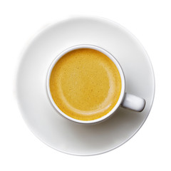 Closeup white cup of coffee espresso isolated on white. Top view.