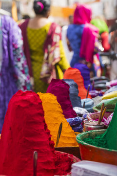 Colorful tika powders on indian market, India , Asia
