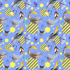 Exotic butterfly wild insect and feathers pattern in a watercolor style. Full name of the insect: blue butterfly. Aquarelle wild insect for background, texture, wrapper pattern or tattoo.
