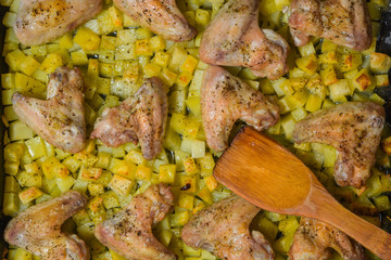 Baked potatoes with wings in the oven