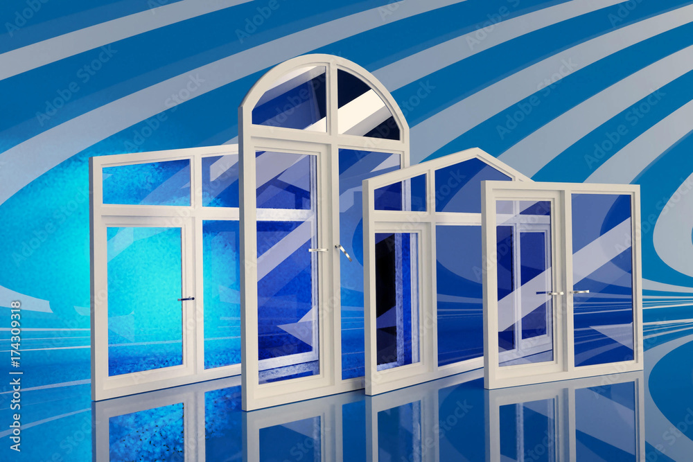 Fototapete a set of plastic windows doors and woodwork placed in a row 3d rendering
