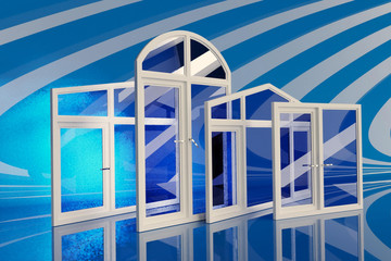 A set of plastic windows doors and woodwork placed in a row 3D rendering