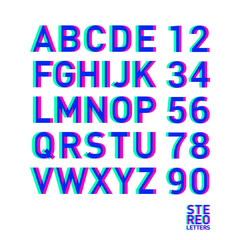 Stereo alphabet. Stereoscopic letters in numbers. The alphabet is pink with green. Letters for the poster.