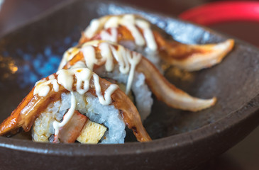 Japan luxury tradition food "Unagi sushi"  serve with wasabi and shoyu sauce