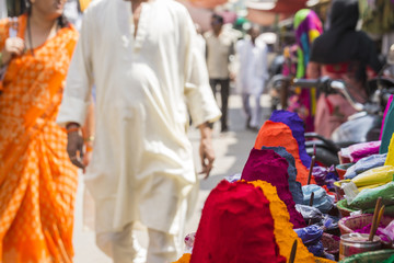 Colorful tika powders on indian market, India , Asia