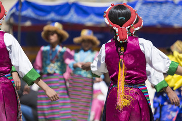 Naklejka premium Unidentified artists in Ladakhi costumes at the Ladakh Festival, Leh, India.