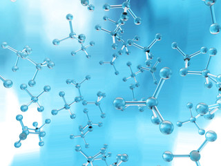 Science blue background with molecules, 3D illustration of high technologies.