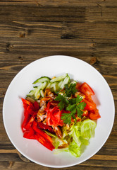 Teriyaki Chicken salad on a wooden background. with copy space. top view