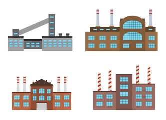 Factories set isolated on white background. Factory icon in the flat style. Industrial factory building.