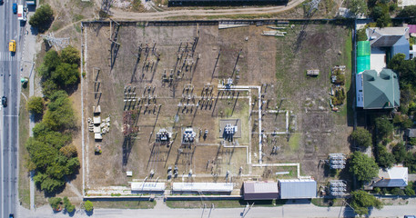 Aerial of a electricity substation from a bird's eye view
