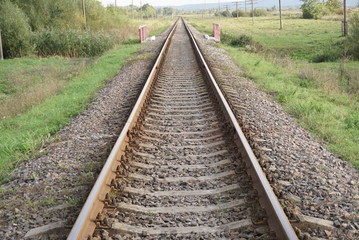 Obraz premium Railroad track winding through green forest