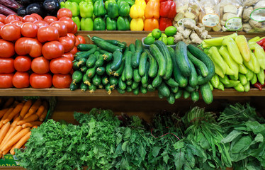 Variety of fresh vegetables in the greek grocery shop.