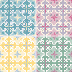 Set of traditional ornate portuguese oriental geometric ceramic tiles azulejos, 4 color variations in blue, yellow, pink and green. Vintage pattern. Abstract background. Vector illustration.
