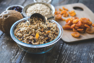 Homemade granola with dried apricots, cranberries, coconut, sunflower seeds, and oatmeal