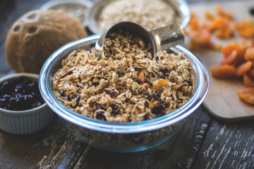 Homemade granola with dried apricots, cranberries, coconut, sunflower seeds, and oatmeal