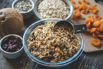 Homemade granola with dried apricots, cranberries, coconut, sunflower seeds, and oatmeal